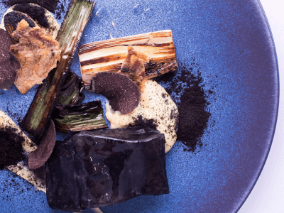 Cod in sepia, leek variations, truffles