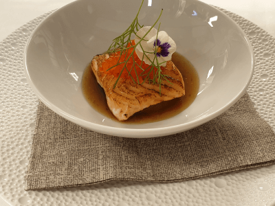 Salmon, sweet & sour lime dressing, trout roe