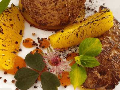 Foie gras variation, oranges, crunchies