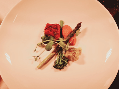 Lamb saddle, green asparagus, tendersteam broccoli, minced lamb and lamb consomme on side