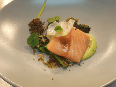 Slow cooked salmon, tendersteam broccoli, broccoli puree, lime