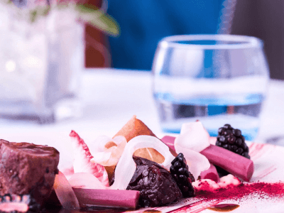 Venison, blackberries, red cabbage, cured salsify, pastilla